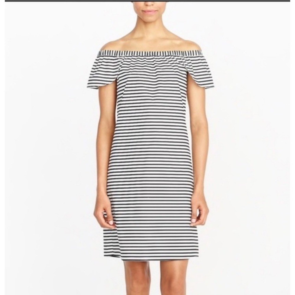 J Crew Off The Shoulder Cotton Poplin Striped‎ Dress Womens XS Preppy Nautical